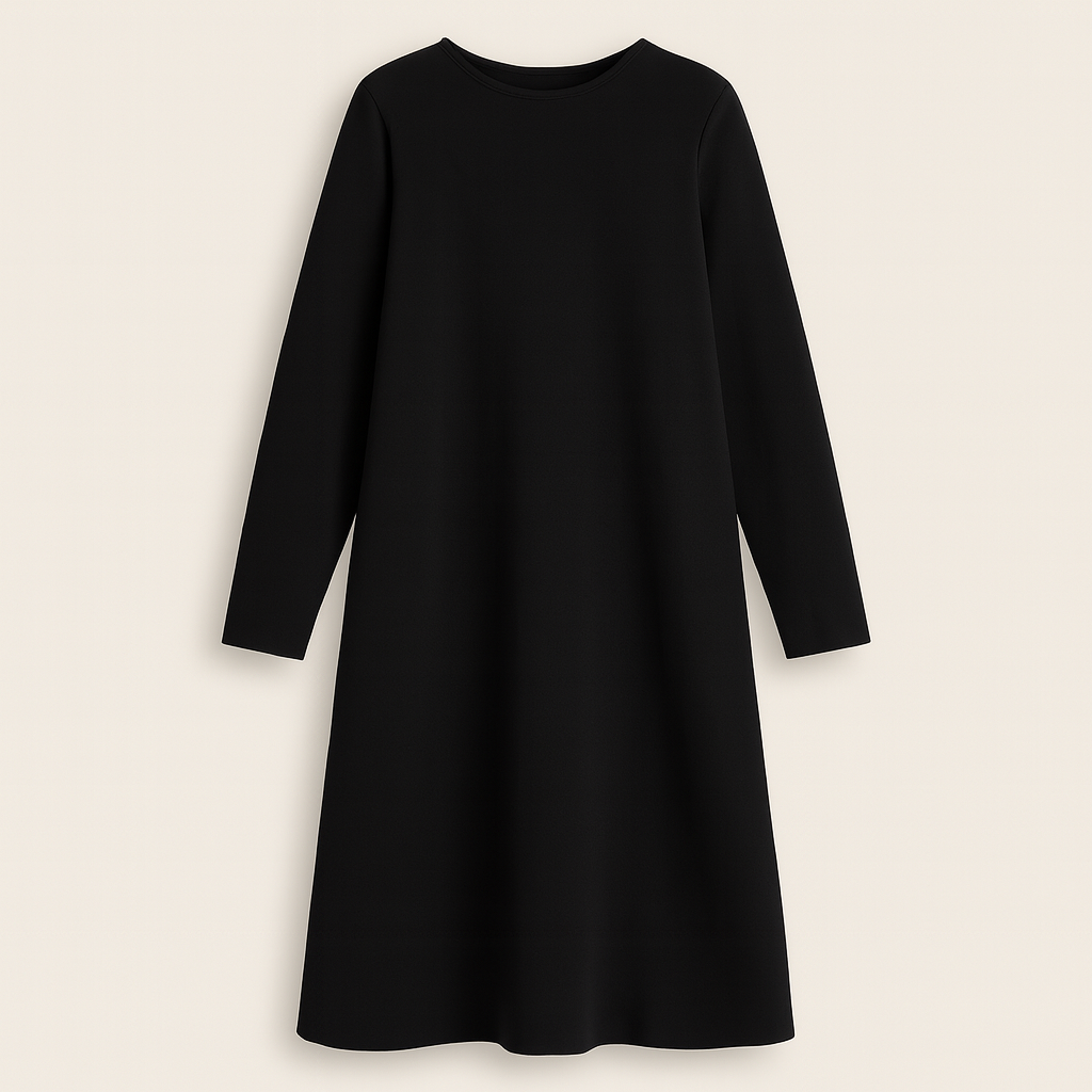 Long-sleeve A-line dress with a round neckline and a simple, minimalist design.