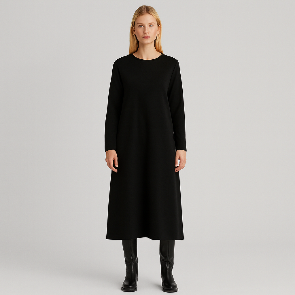 Long-sleeve A-line dress with a round neckline and a simple, minimalist design.