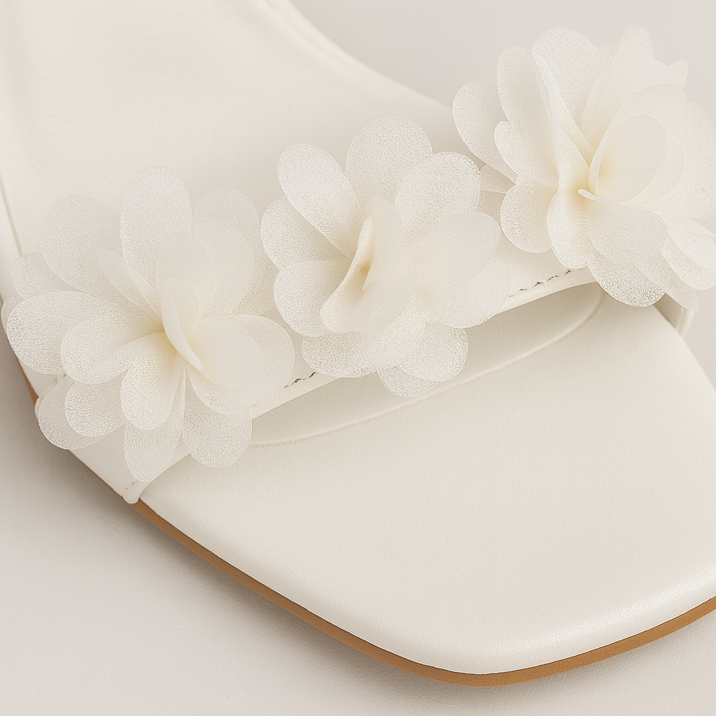 White block-heeled sandals with ankle straps and floral appliqués, perfect for weddings or special occasions