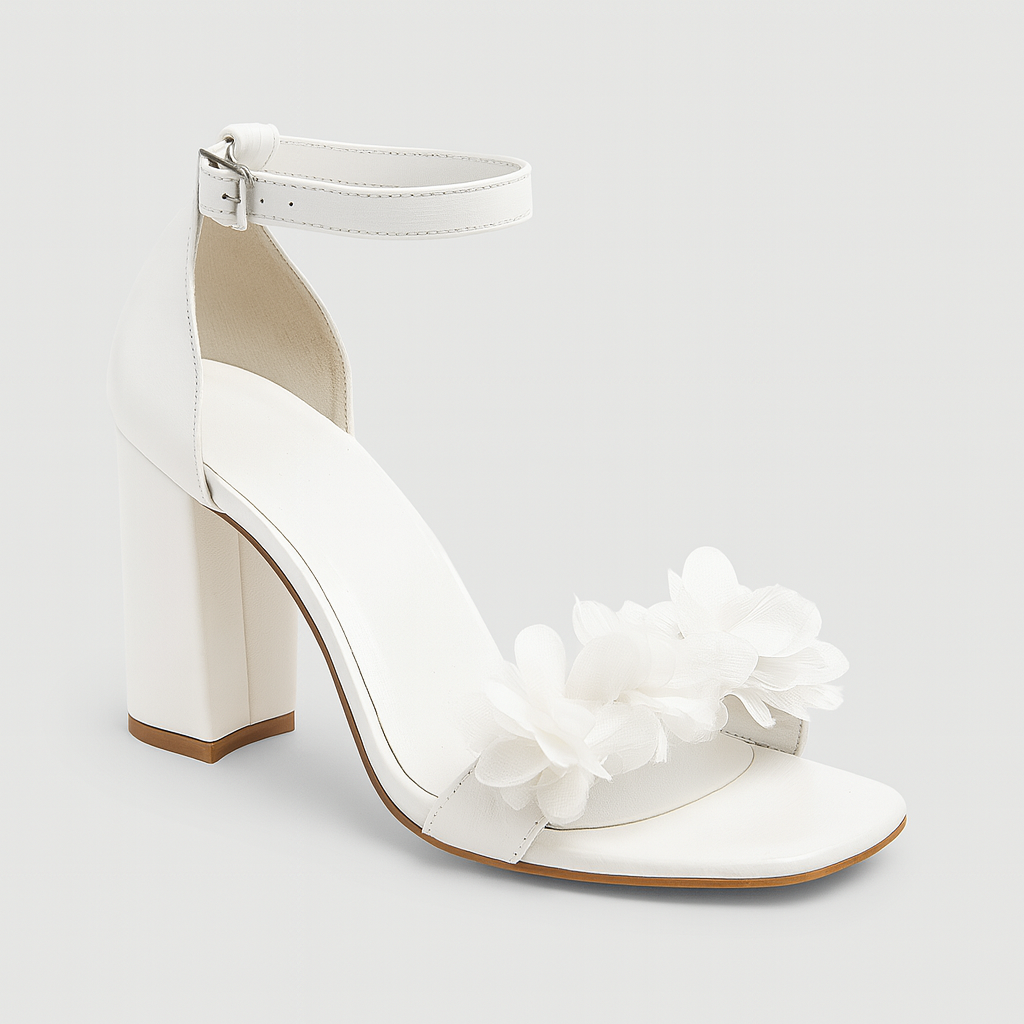 White block-heeled sandals with ankle straps and floral appliqués, perfect for weddings or special occasions