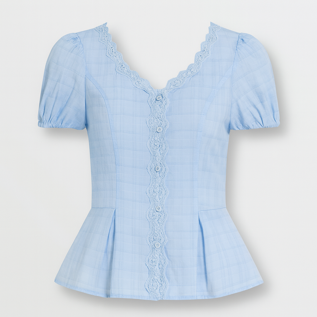 Lace-trimmed blouse with puff sleeves and tailored fit