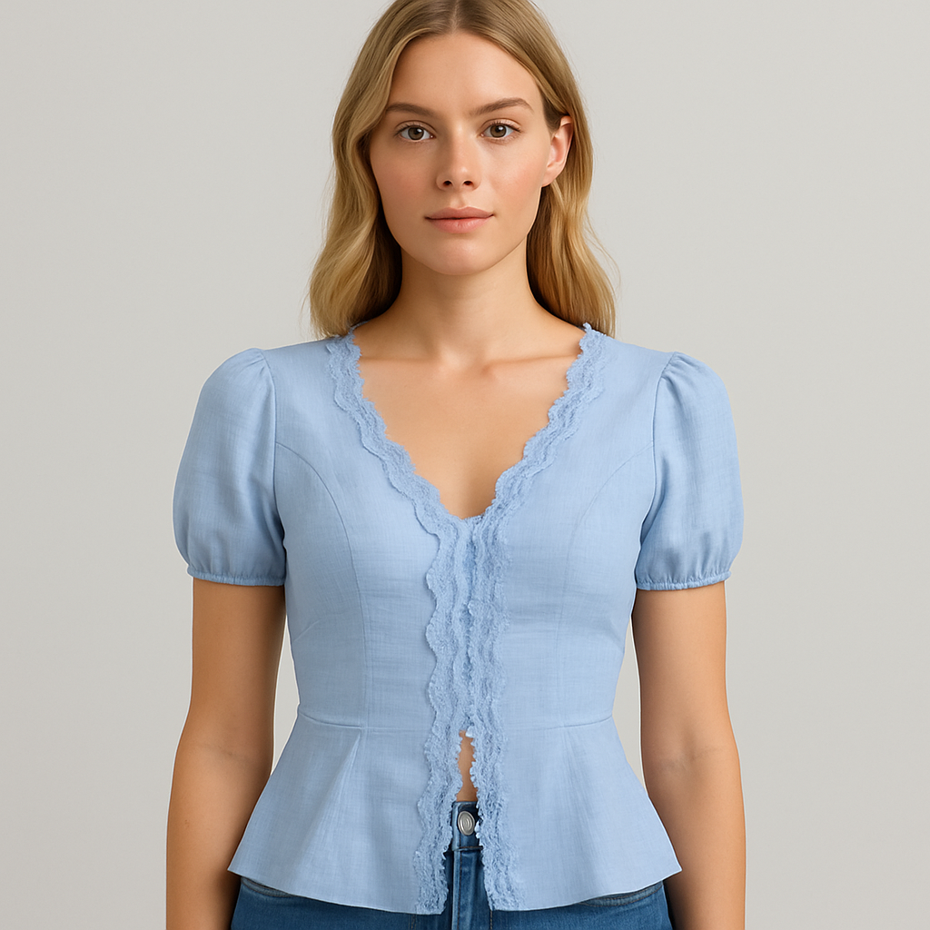 Lace-trimmed blouse with puff sleeves and tailored fit