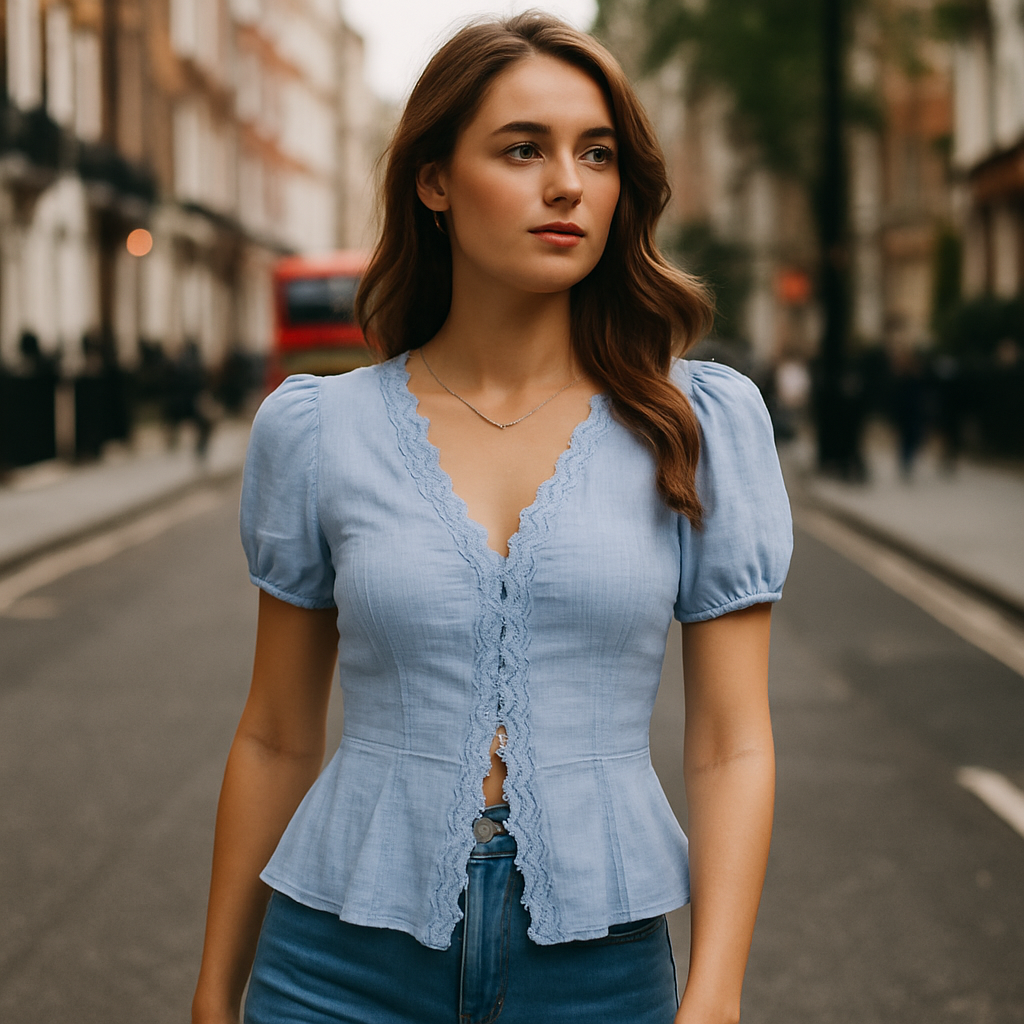 Lace-trimmed blouse with puff sleeves and tailored fit