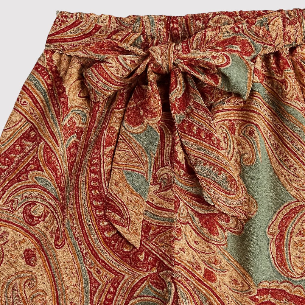Wide-leg paisley print pants with drawstring waistband.
