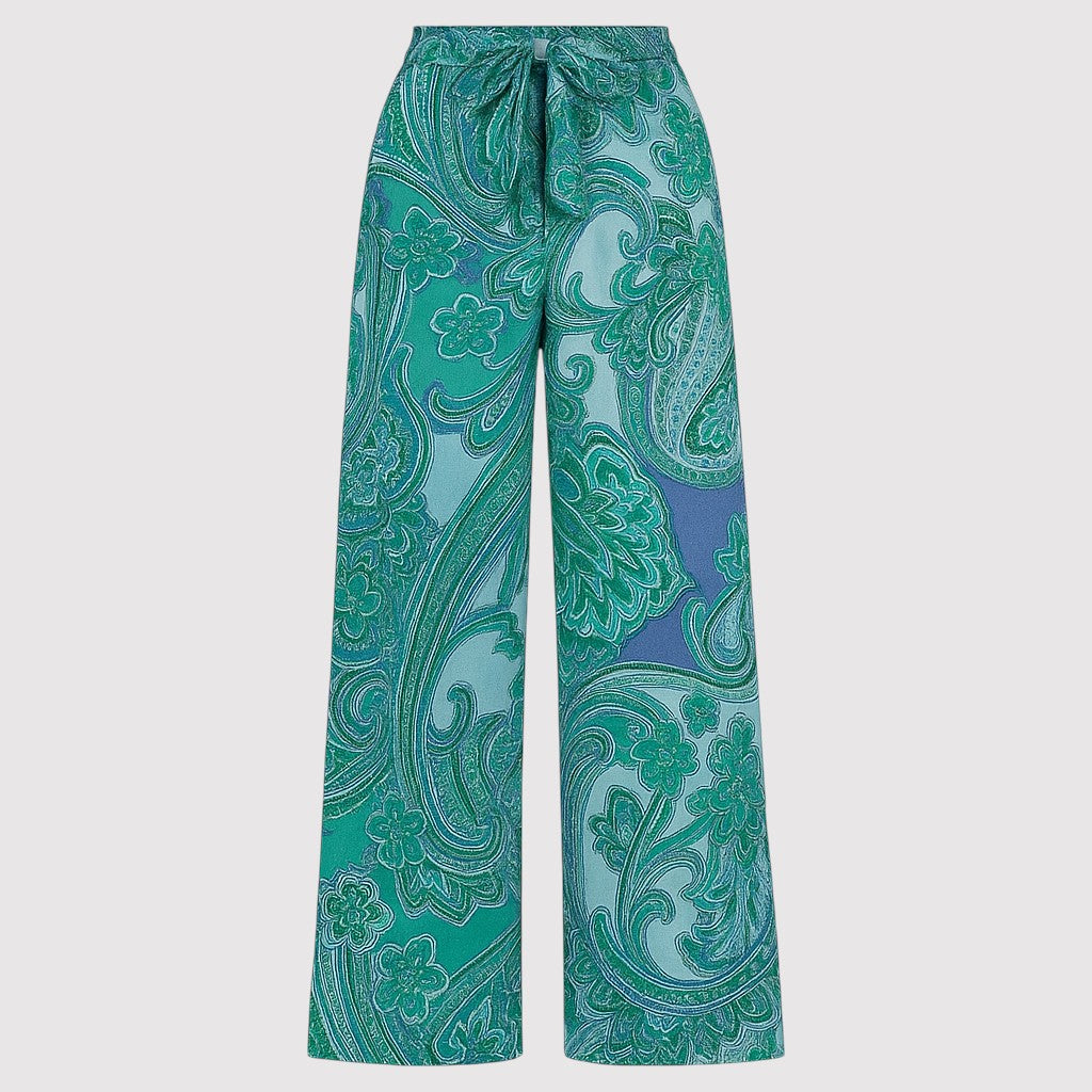 Wide-leg paisley print pants with drawstring waistband.