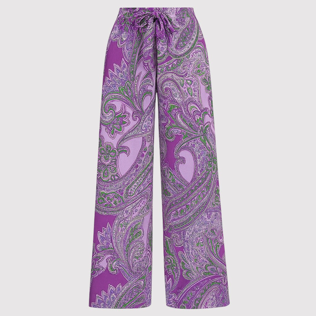 Wide-leg paisley print pants with drawstring waistband.