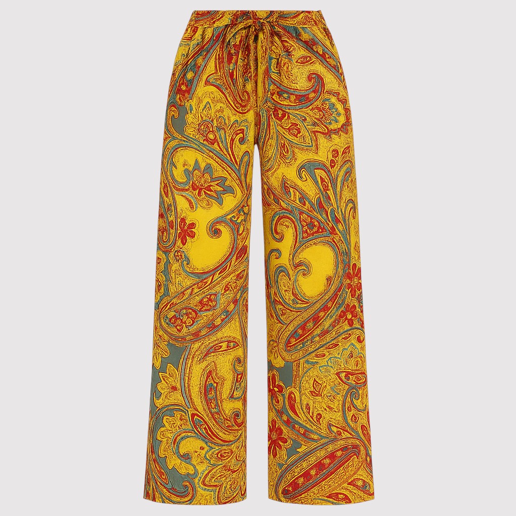 Wide-leg paisley print pants with drawstring waistband.