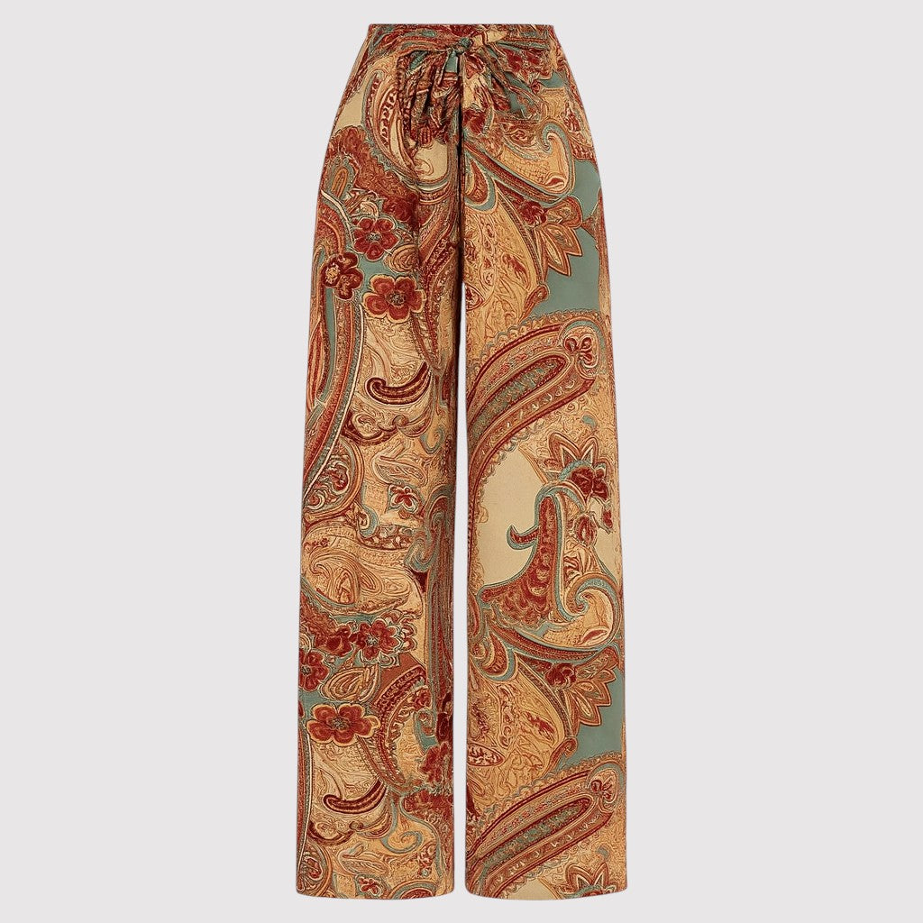 Wide-leg paisley print pants with drawstring waistband.