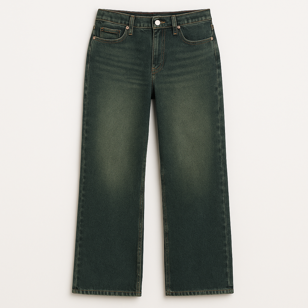 Relaxed fit denim jeans with mid-rise waist, wide-leg cut, and classic five-pocket detailing for casual everyday wear