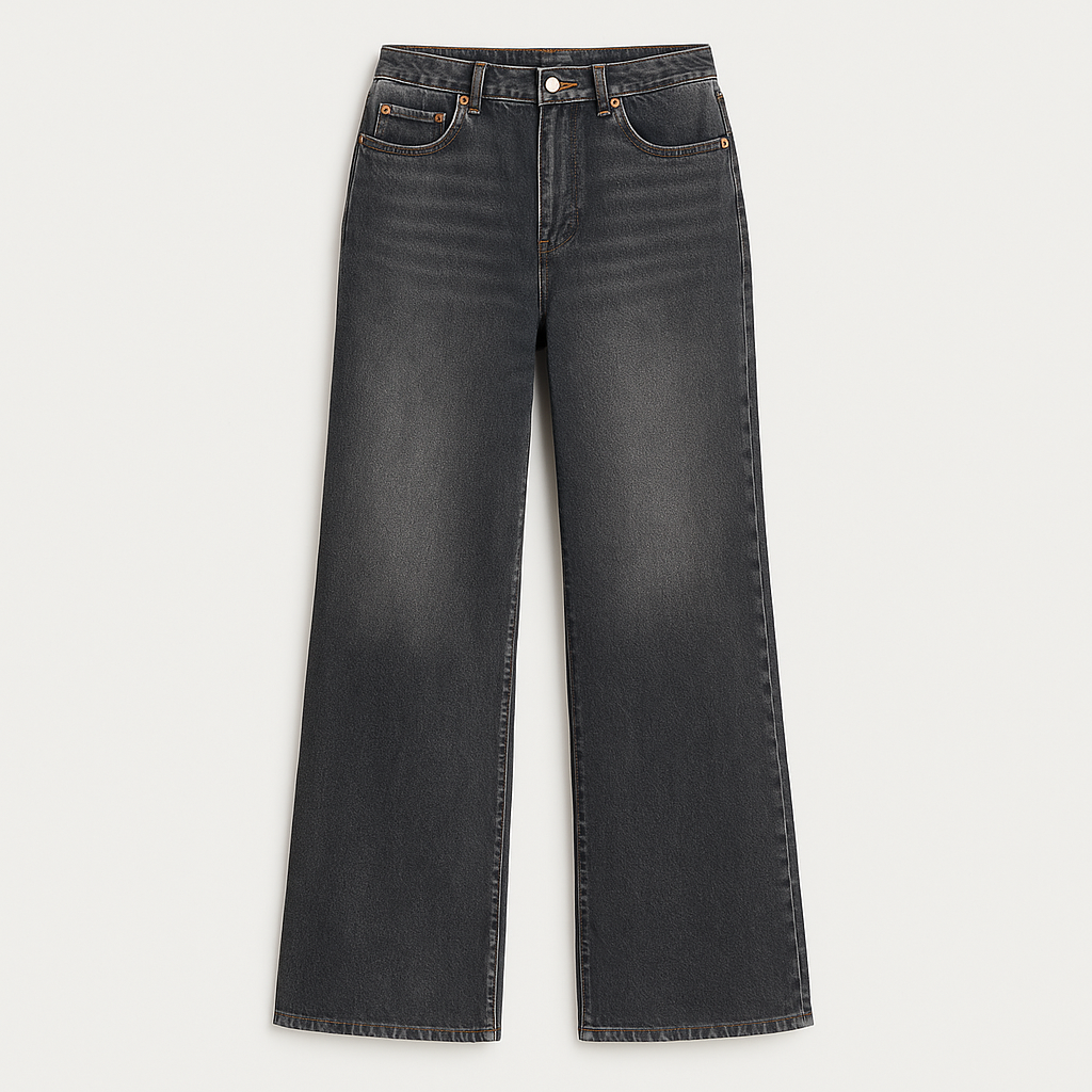 Relaxed fit denim jeans with mid-rise waist, wide-leg cut, and classic five-pocket detailing for casual everyday wear
