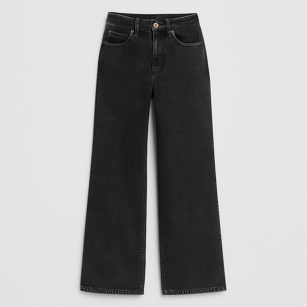 Relaxed fit denim jeans with mid-rise waist, wide-leg cut, and classic five-pocket detailing for casual everyday wear