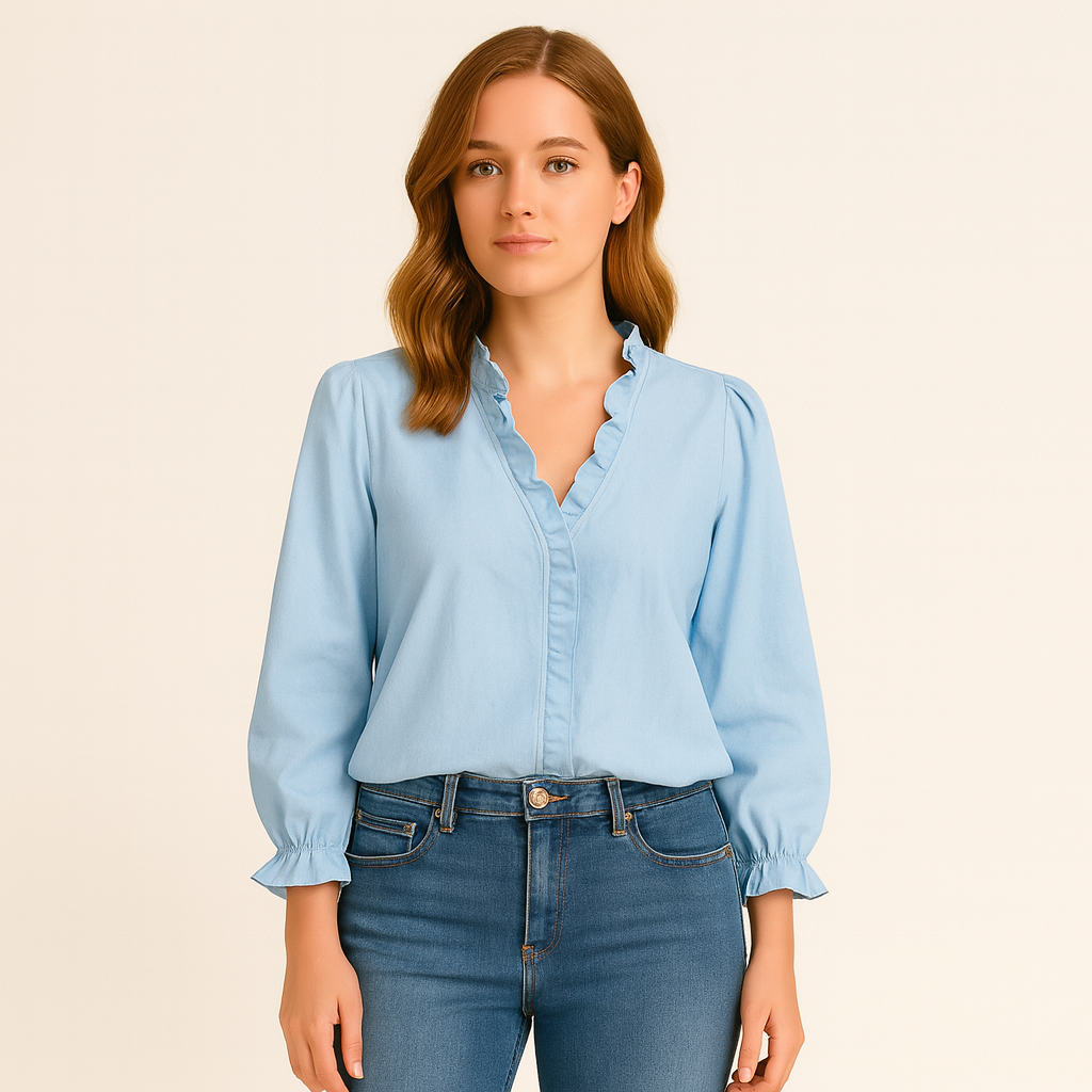 Blouse with V-neckline and ruffle trim along neckline and cuffs.