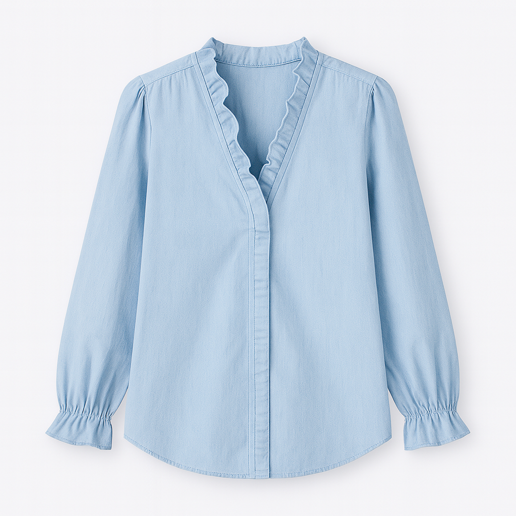 Blouse with V-neckline and ruffle trim along neckline and cuffs.