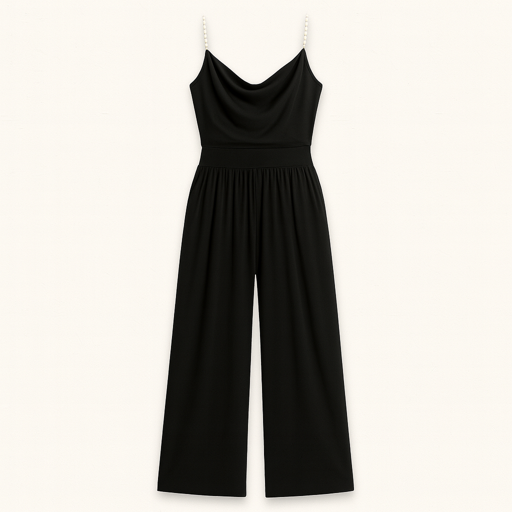 Satin jumpsuit with chain straps, draped neckline, and wide-leg design