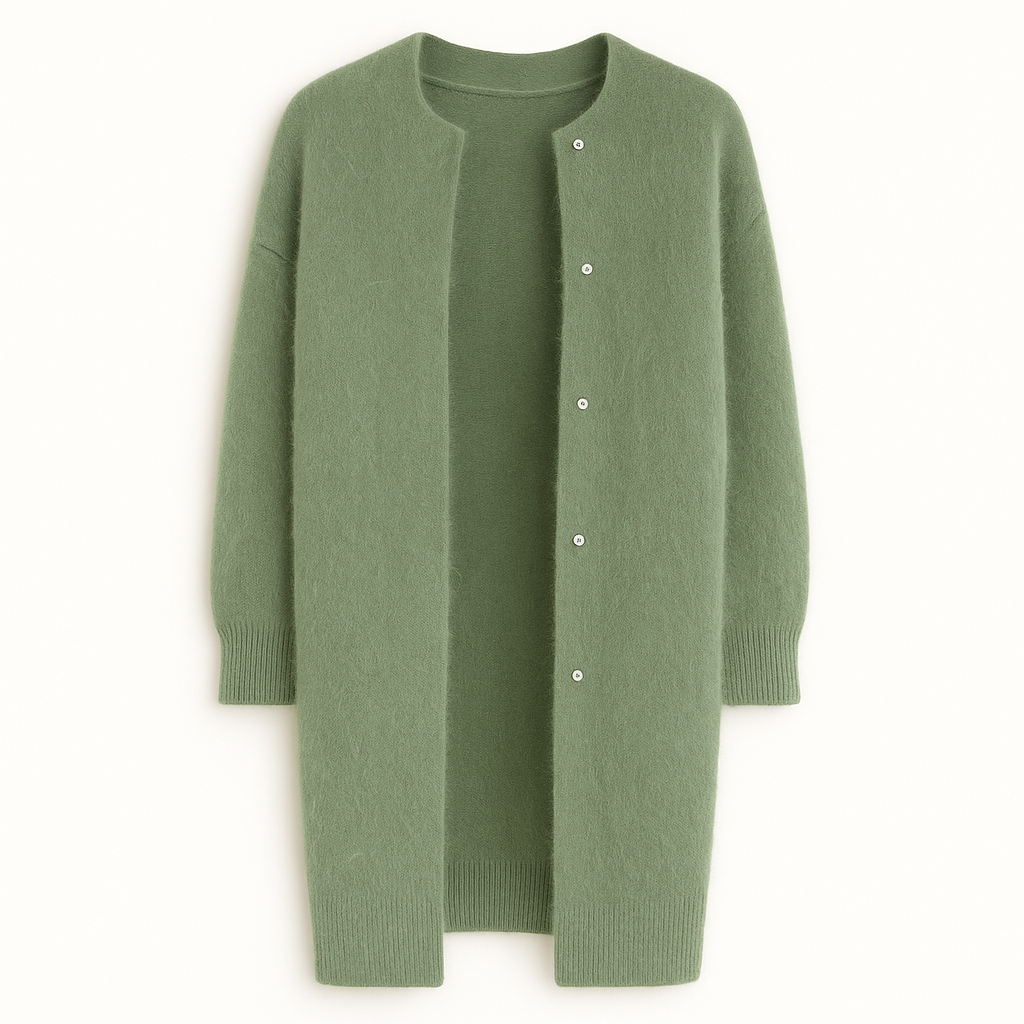 Longline open-front cardigan with round neckline, ribbed cuffs, and snap-button detailing for elegant layering