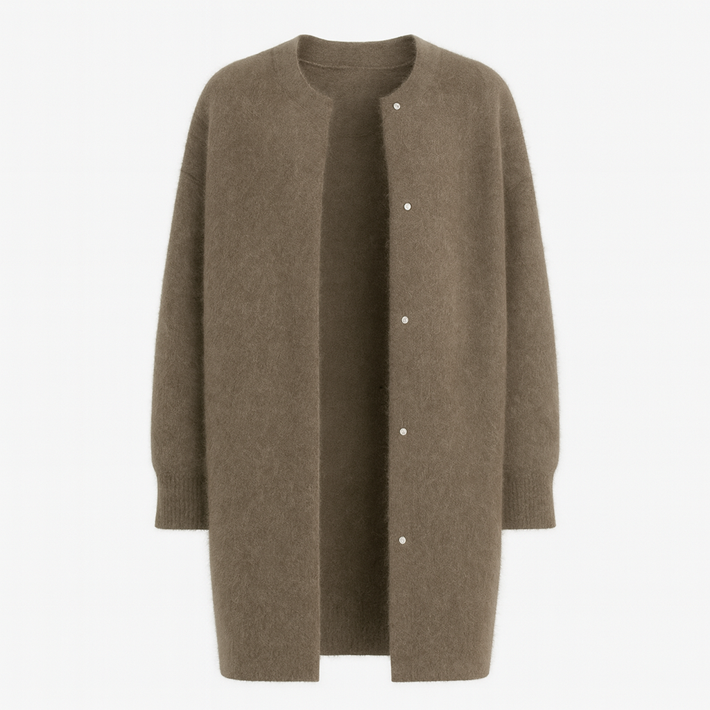Longline open-front cardigan with round neckline, ribbed cuffs, and snap-button detailing for elegant layering