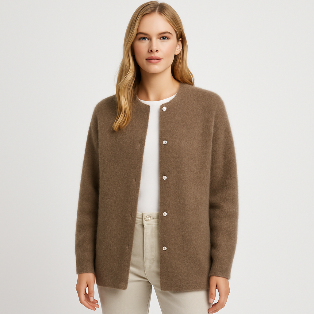 Longline open-front cardigan with round neckline, ribbed cuffs, and snap-button detailing for elegant layering