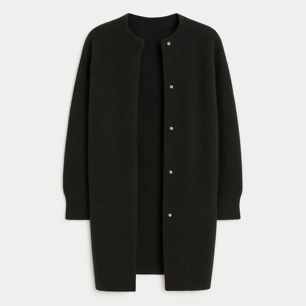 Longline open-front cardigan with round neckline, ribbed cuffs, and snap-button detailing for elegant layering