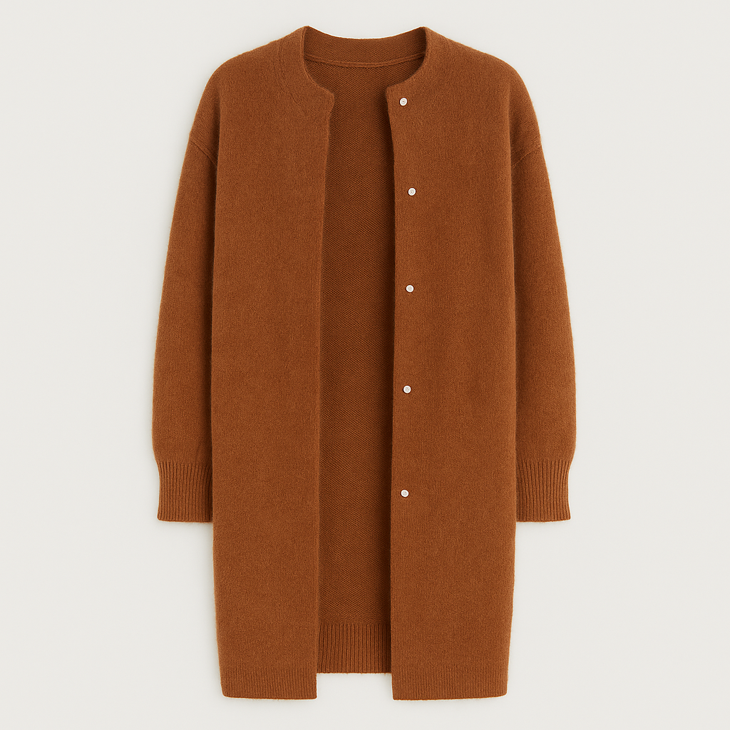 Longline open-front cardigan with round neckline, ribbed cuffs, and snap-button detailing for elegant layering