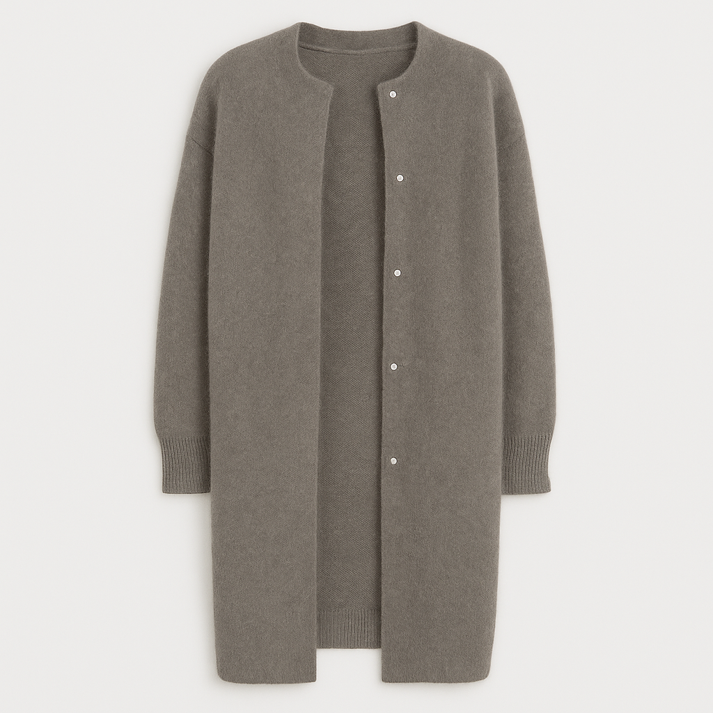 Longline open-front cardigan with round neckline, ribbed cuffs, and snap-button detailing for elegant layering