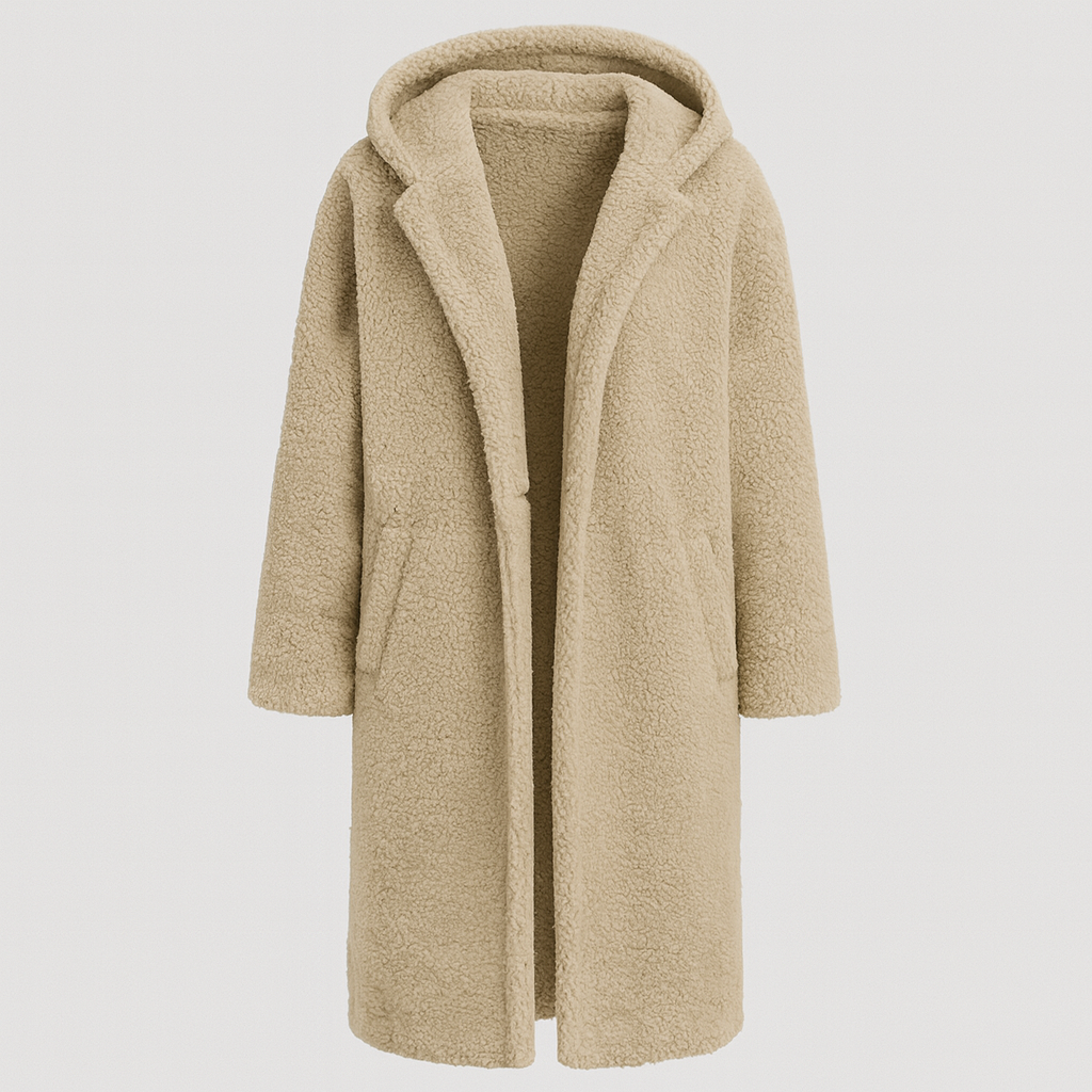 Hooded teddy coat with open front and side pockets, designed for cozy cold-weather layering
