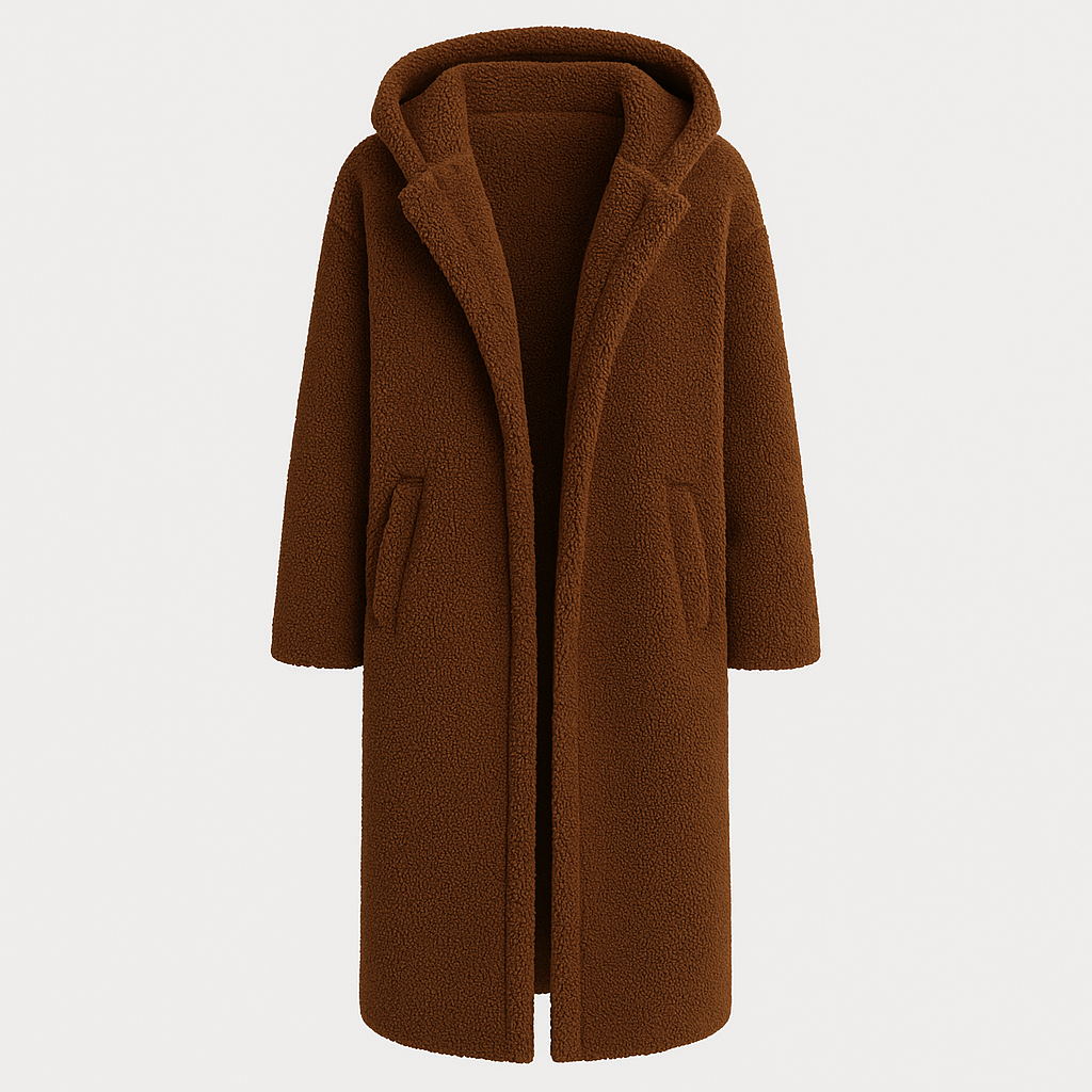 Hooded teddy coat with open front and side pockets, designed for cozy cold-weather layering