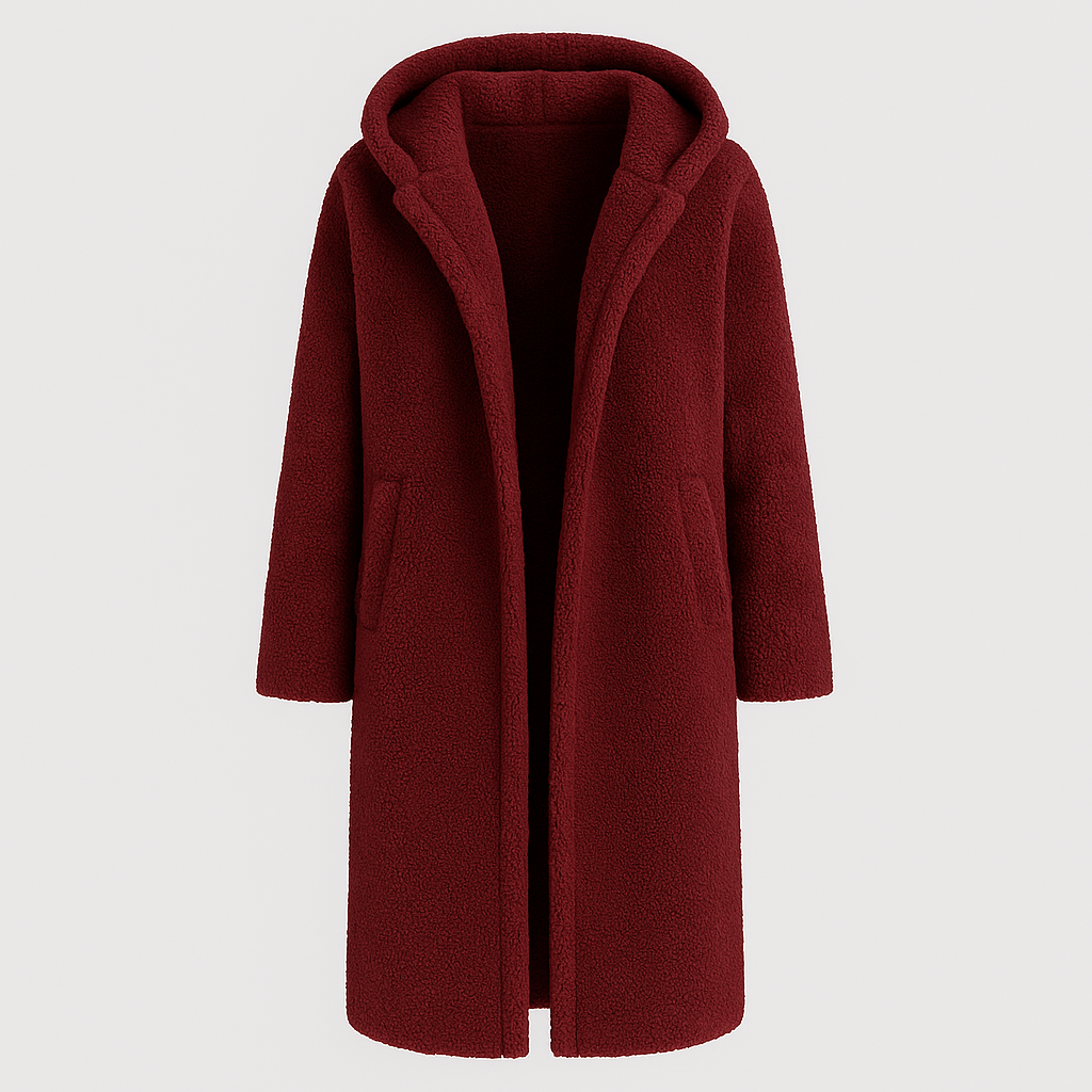 Hooded teddy coat with open front and side pockets, designed for cozy cold-weather layering