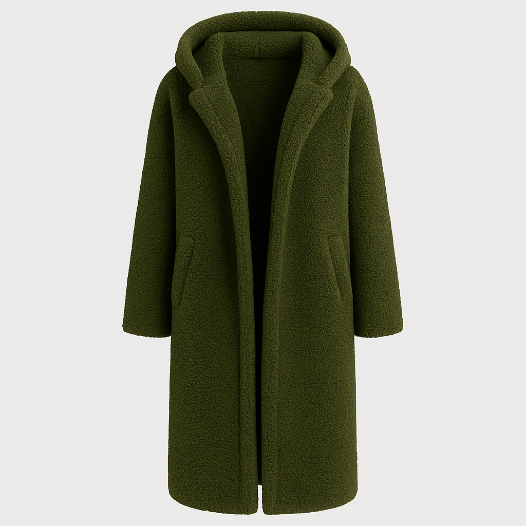 Hooded teddy coat with open front and side pockets, designed for cozy cold-weather layering