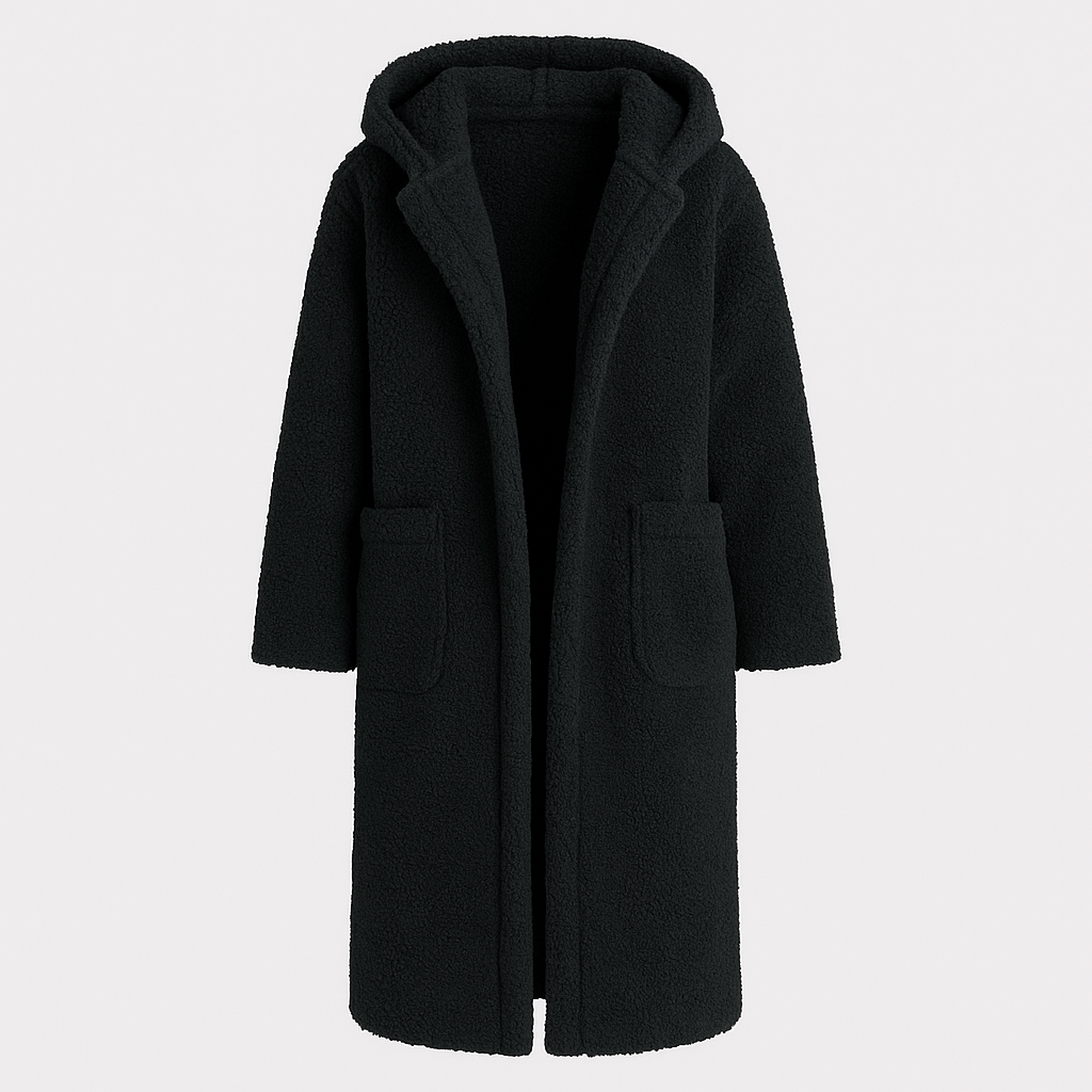 Hooded teddy coat with open front and side pockets, designed for cozy cold-weather layering