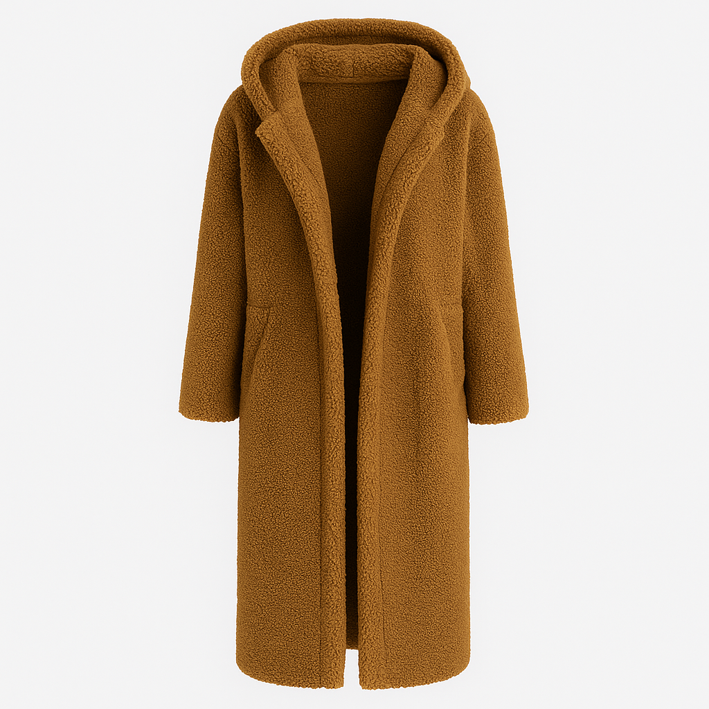 Hooded teddy coat with open front and side pockets, designed for cozy cold-weather layering
