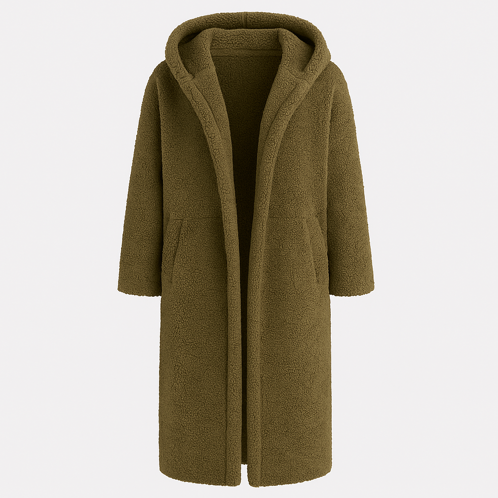 Hooded teddy coat with open front and side pockets, designed for cozy cold-weather layering