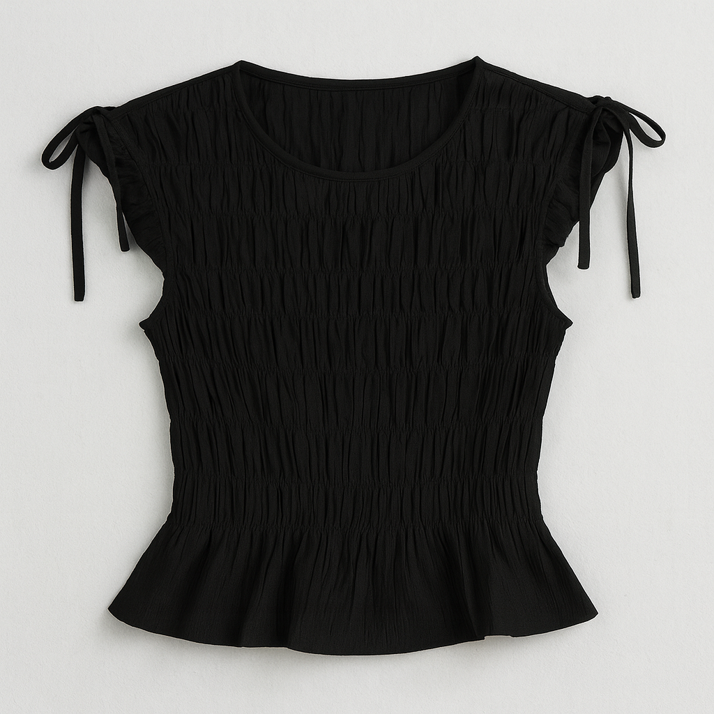 a black ruched top with bow-tie cap sleeves and a peplum hem