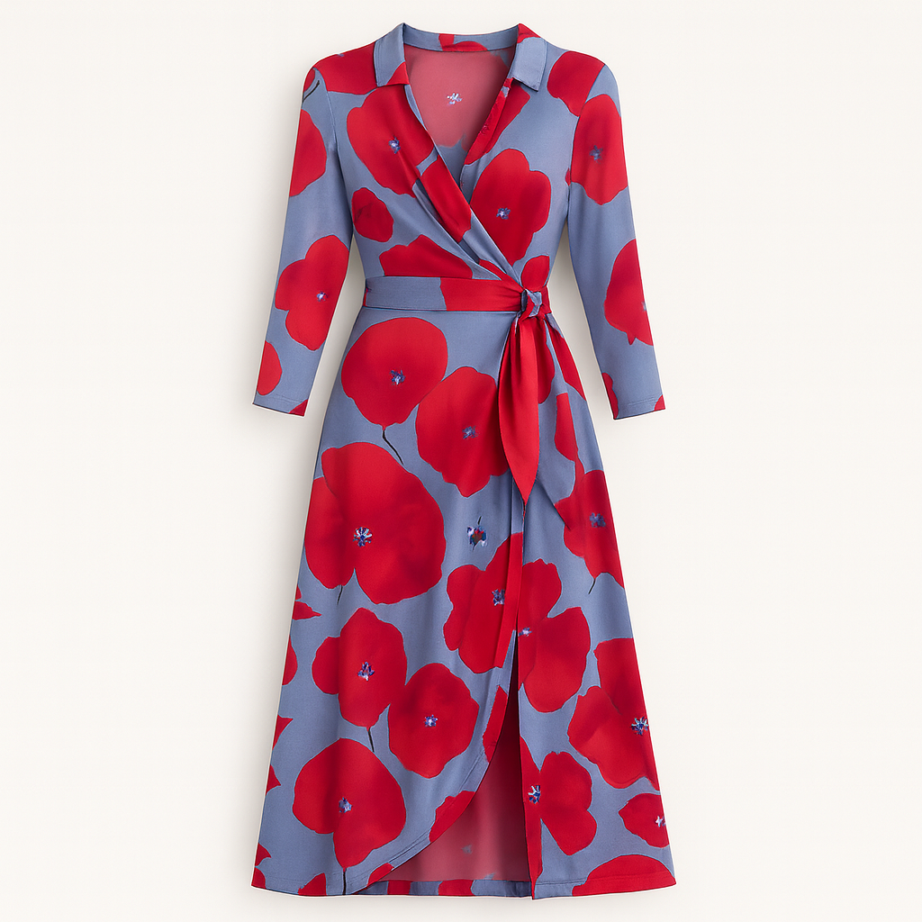 Wrap dress with a notched collar, long sleeves, tie waist detail, and a high-low hemline.