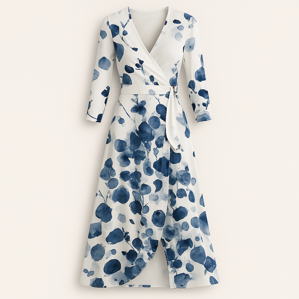 Wrap dress with a notched collar, long sleeves, tie waist detail, and a high-low hemline.