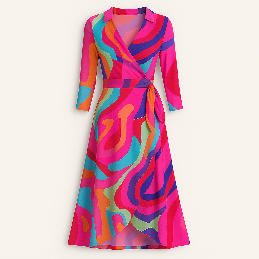 Wrap dress with a notched collar, long sleeves, tie waist detail, and a high-low hemline.