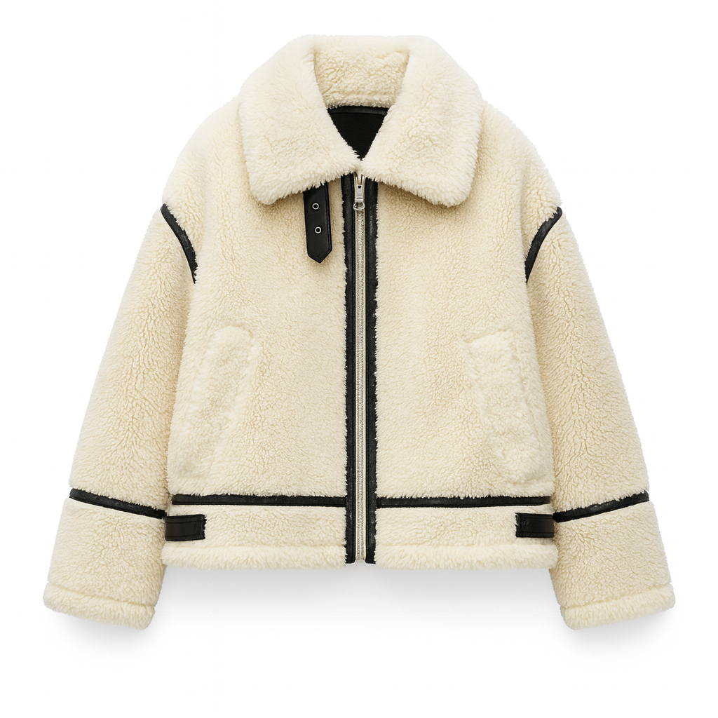 Faux shearling jacket with a front zipper, wide collar, buckle detail, and contrasting trim accents.