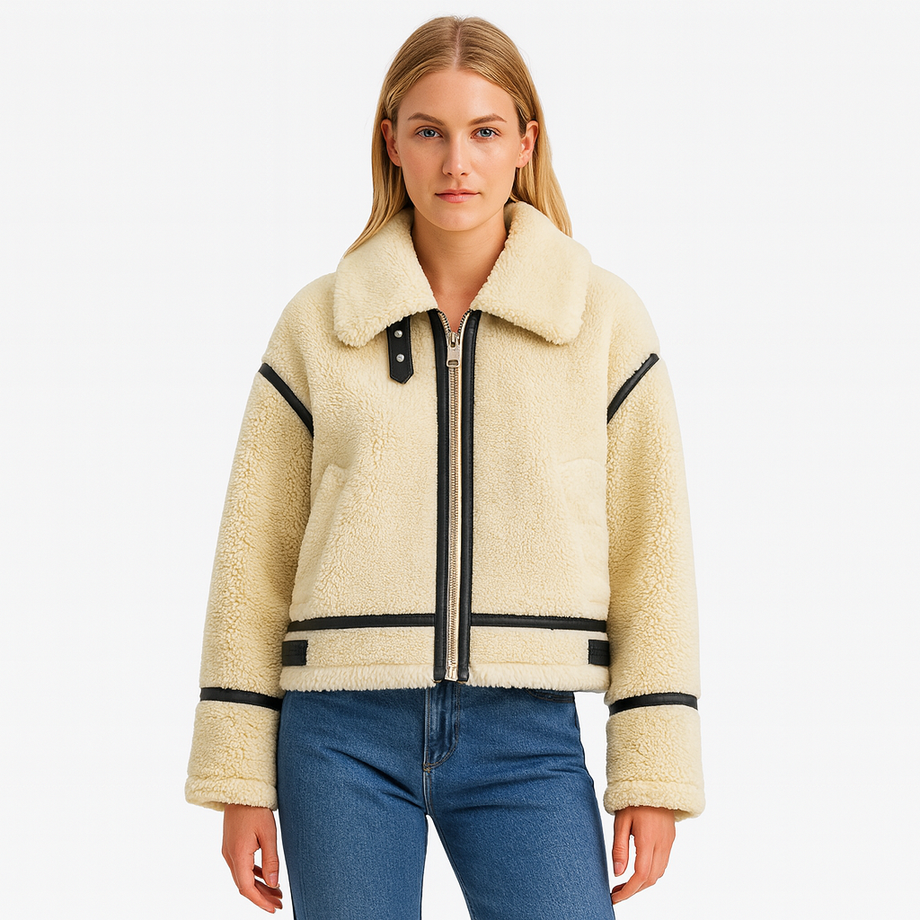 Faux shearling jacket with a front zipper, wide collar, buckle detail, and contrasting trim accents.