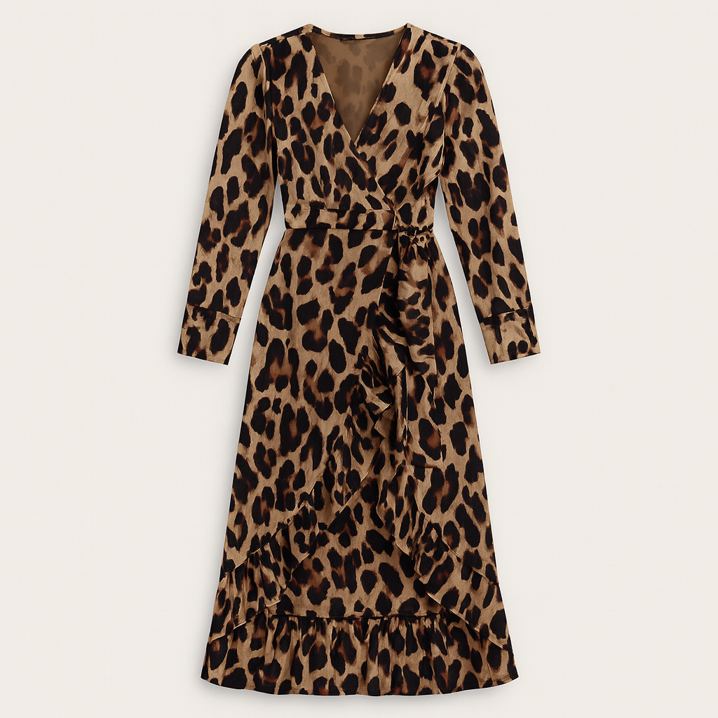 Wrap midi dress with long sleeves, a tie waist detail, and a ruffled hemline.