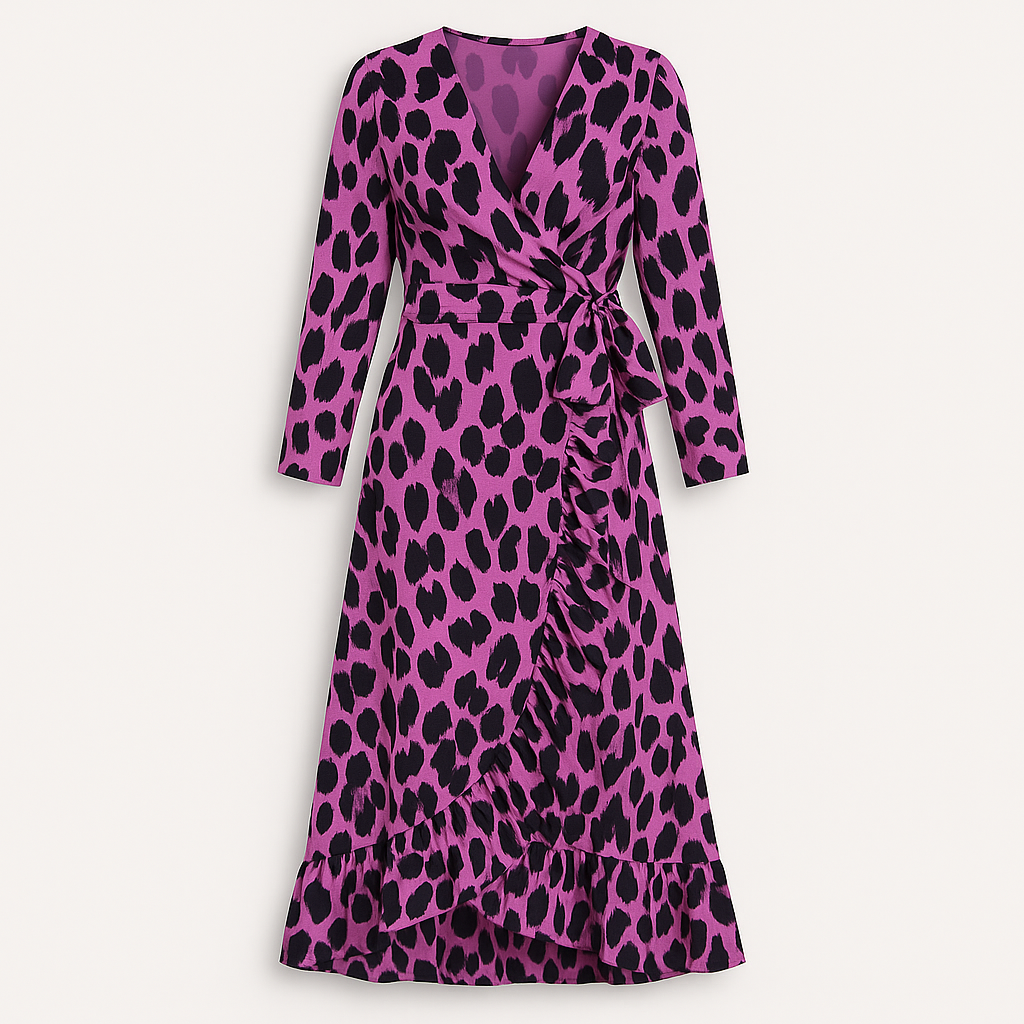 Wrap midi dress with long sleeves, a tie waist detail, and a ruffled hemline.