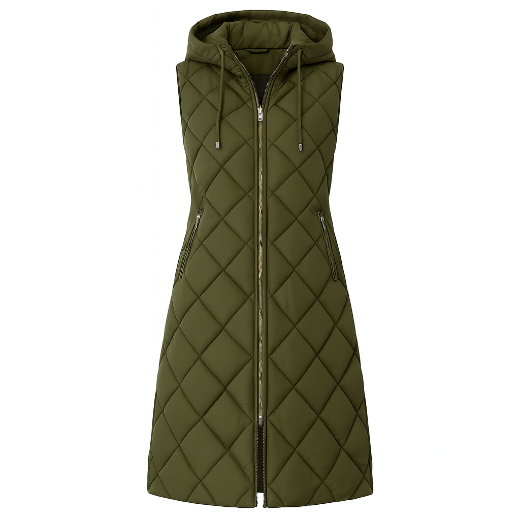 Sleeveless quilted vest with a front zipper closure, hood, and zippered side pockets.