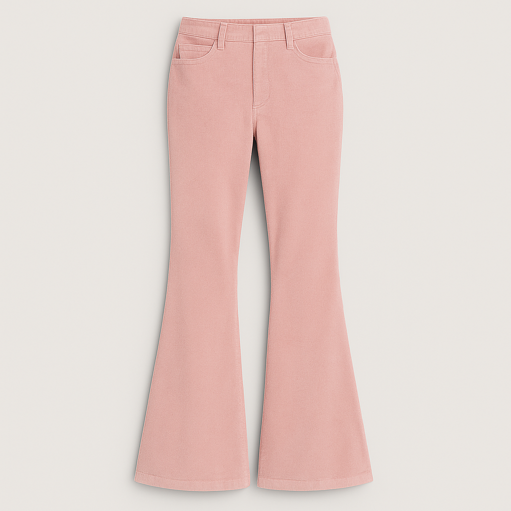 Corduroy flare pants styled with a relaxed sweater and heels for an effortlessly modern look.