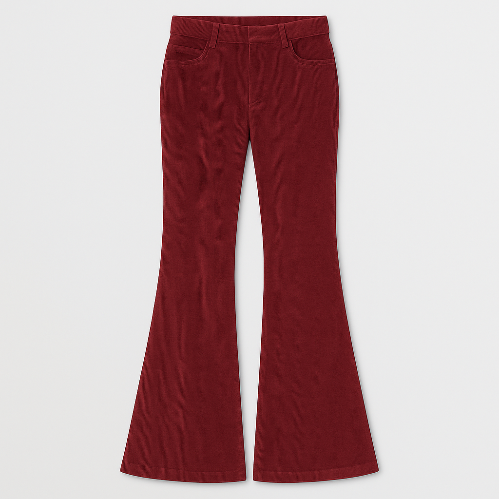 Corduroy flare pants styled with a relaxed sweater and heels for an effortlessly modern look.