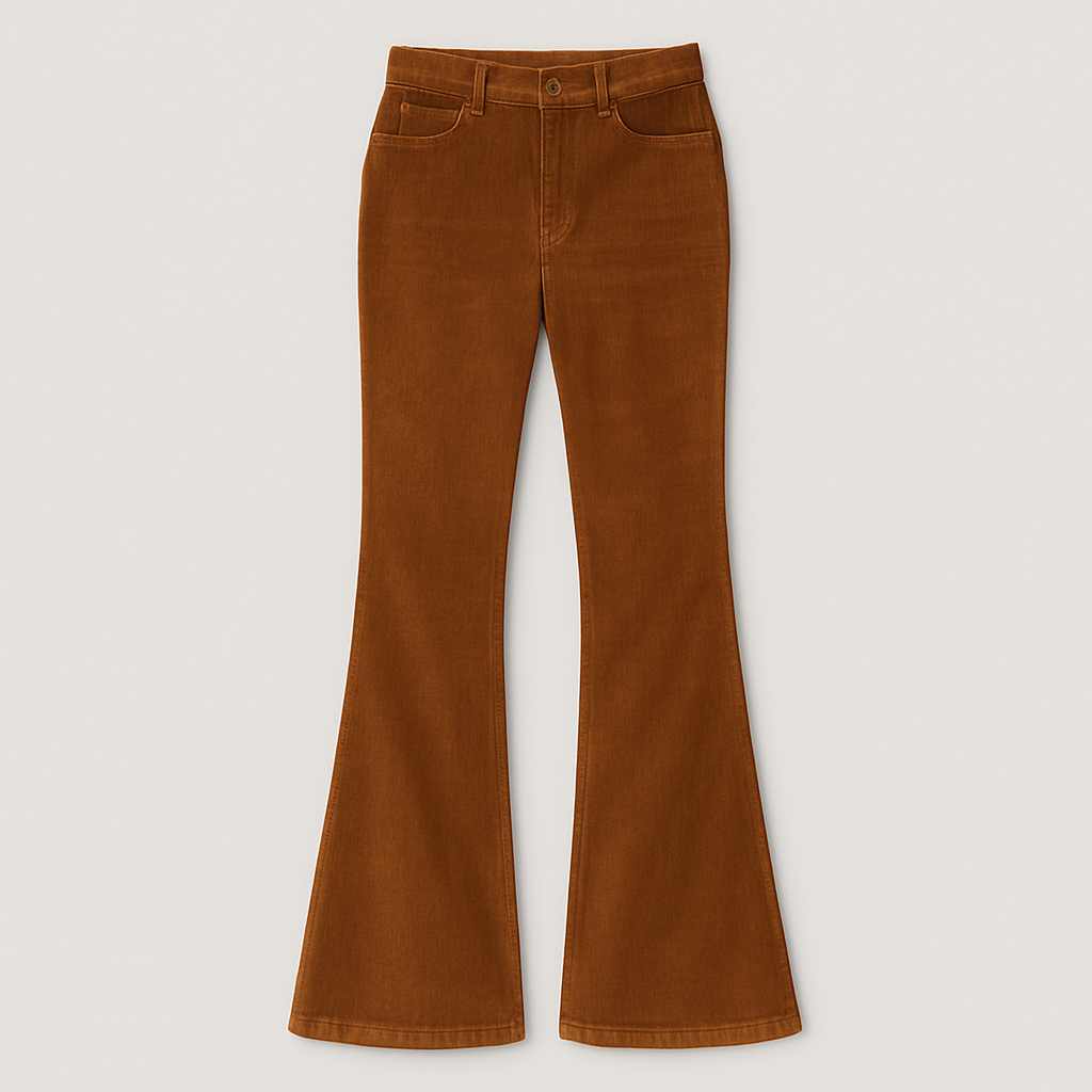 Corduroy flare pants styled with a relaxed sweater and heels for an effortlessly modern look.