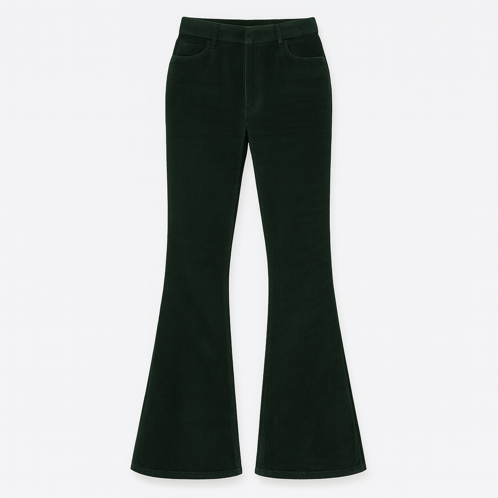Corduroy flare pants styled with a relaxed sweater and heels for an effortlessly modern look.