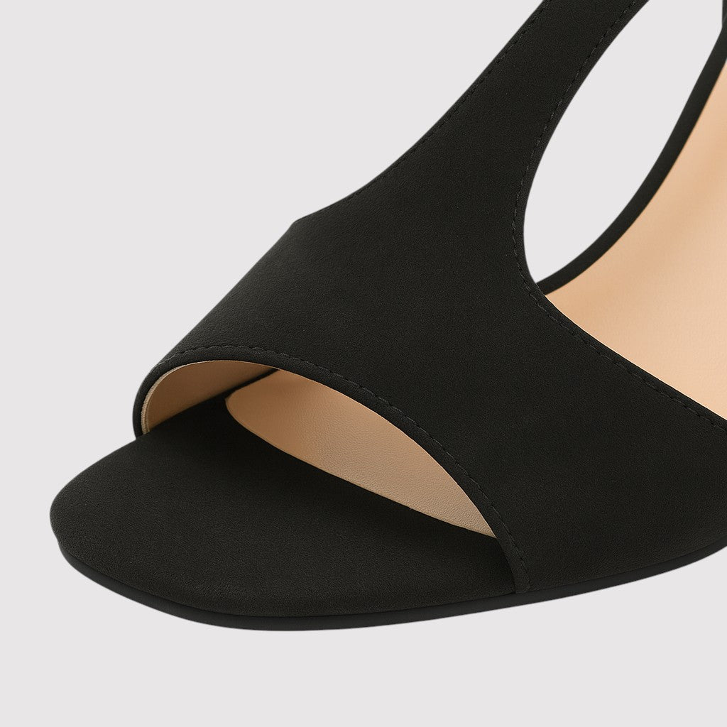 Sandals with open toe, block heel, asymmetric straps, and metallic ankle strap detailing