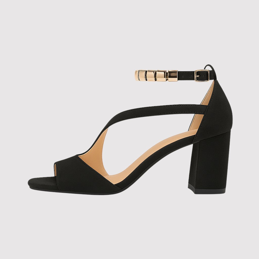 Sandals with open toe, block heel, asymmetric straps, and metallic ankle strap detailing