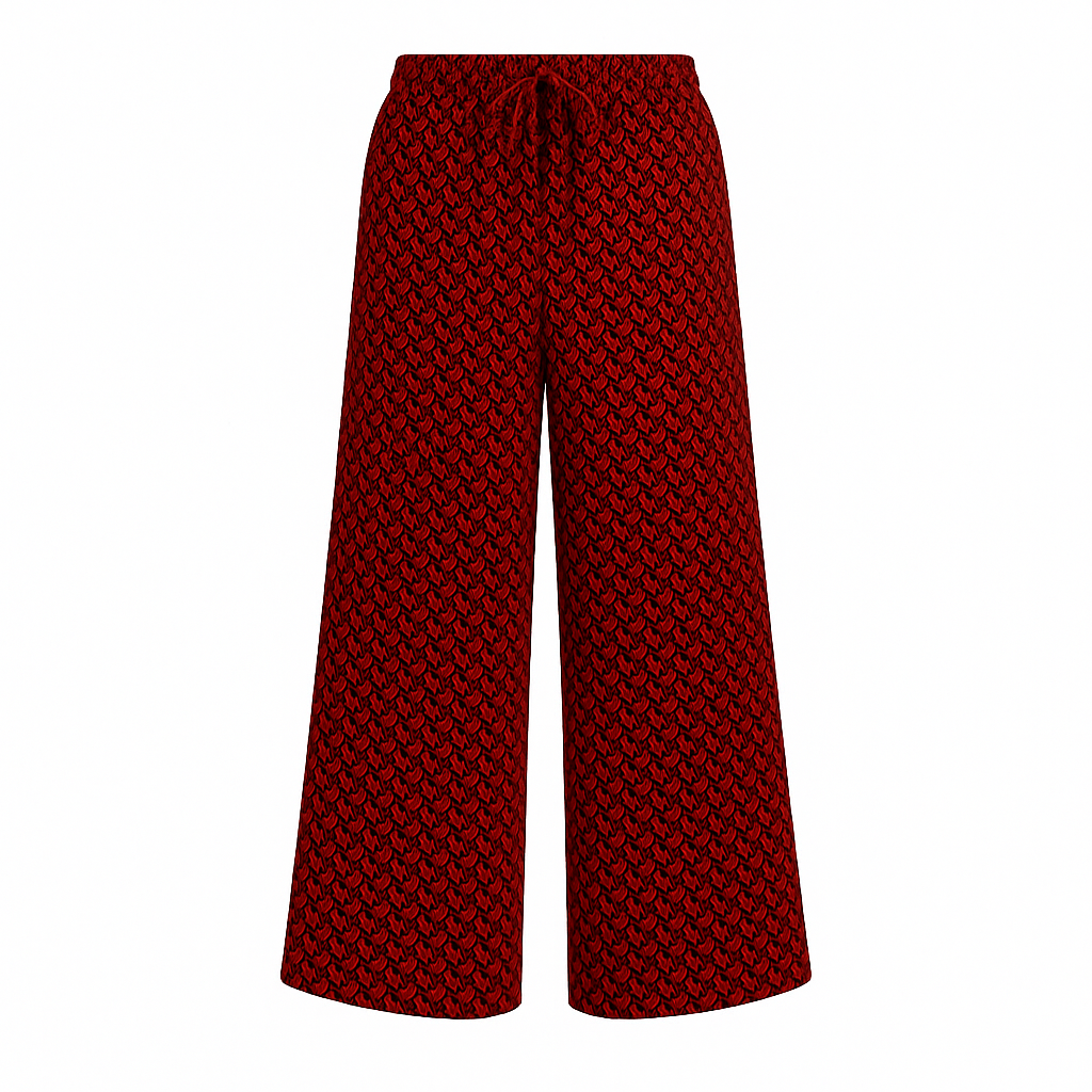 Flowy boho wide-leg pants with drawstring waistband and relaxed fit, styled for a casual summer look