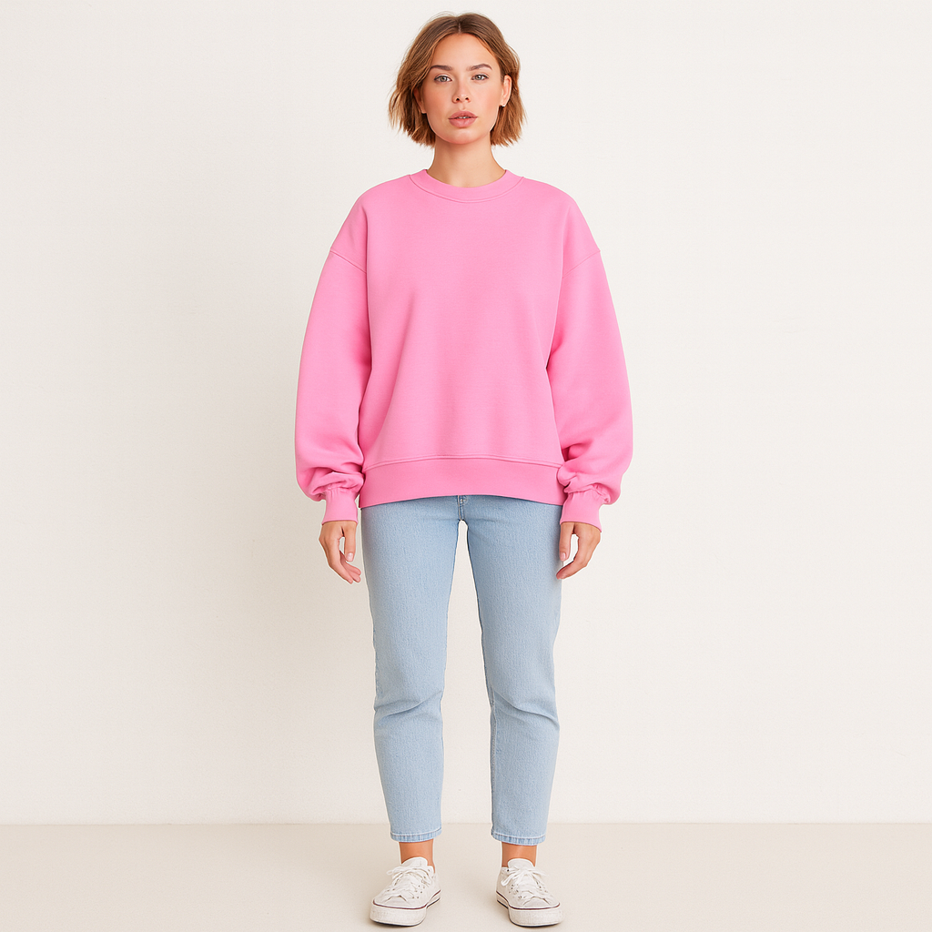 Oversized crewneck sweatshirt with ribbed cuffs and hem, styled for casual