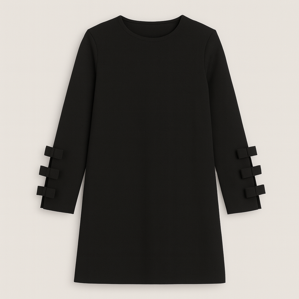 Long-sleeve shift dress featuring a round neckline and decorative bow accents on the sleeves.