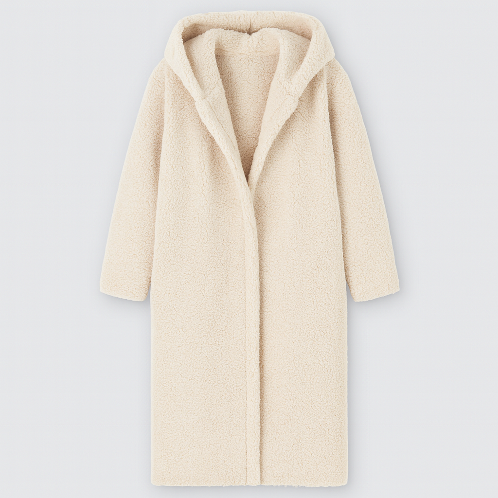 hooded sherpa coat with open front and soft fleece texture, designed for cozy cold-weather layering